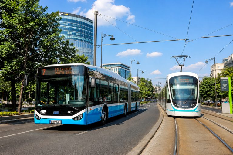 Bus articulé et tramway en circulation sur une avenue urbaine