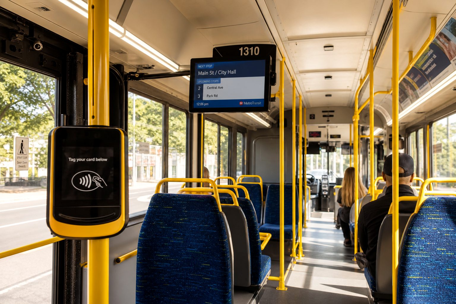 Intérieur lumineux d'un bus urbain avec barres de maintien jaunes, écran d'information voyageurs et valideur sans contact
